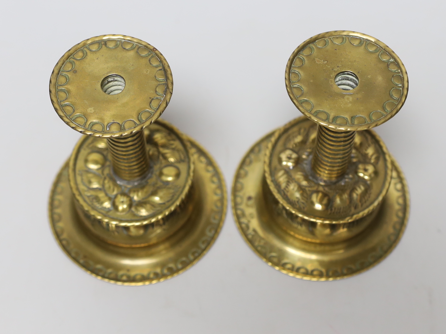 A pair of Charles II style brass dwarf candlesticks, 12cm